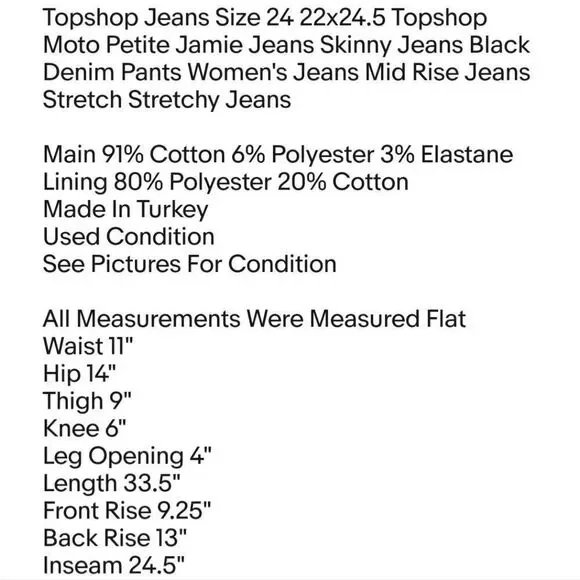 Topshop Jeans Size 24 22x24.5 Topshop Moto Petite Jamie Jeans Skinny Jeans Black - Picture 6 of 6